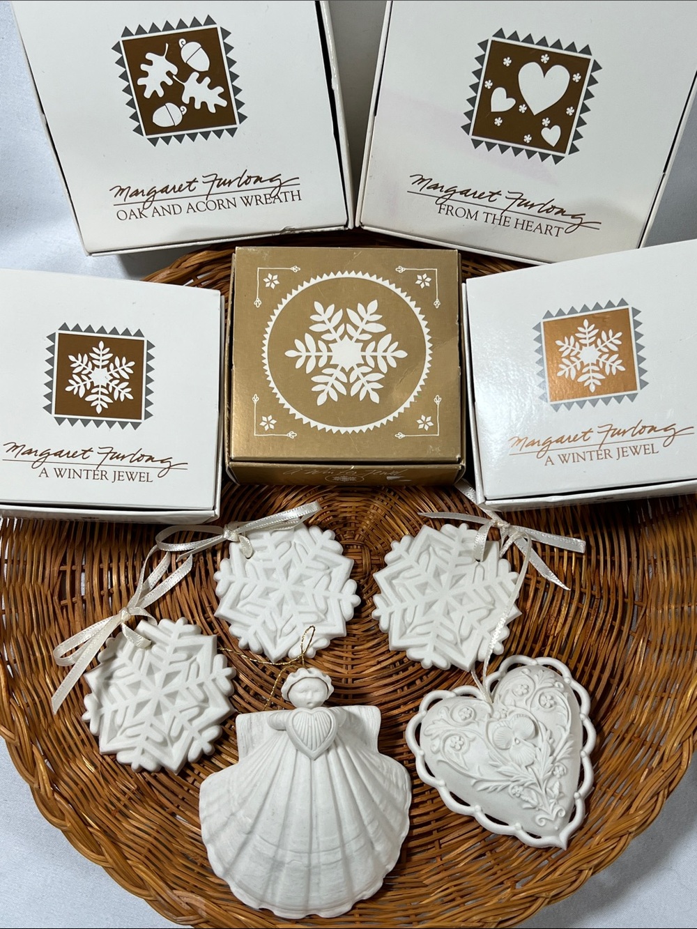 Vintage Margaret Furlong Ornaments 1997 Heart 1989 Snowflakes 1986 Angel Lot/5